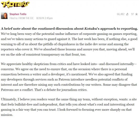 Kotaku releases statement declaring its practices would be changed