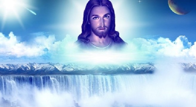 Jesus clouds and waterfall