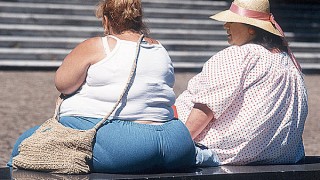 Two obese women sit on a bench
