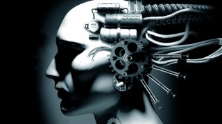 Artistic rendering of a man merged with a machine