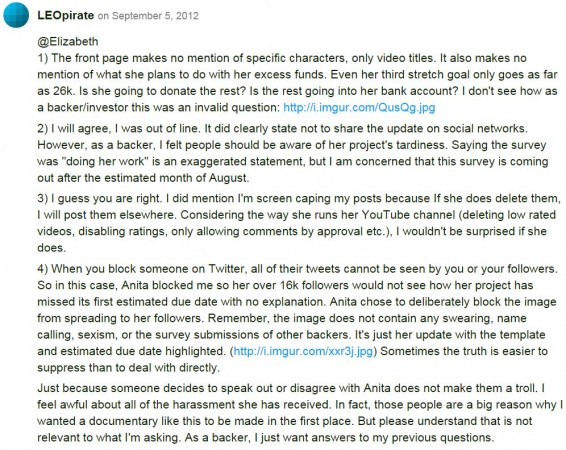 Kickstarter Commenter voices concerns over Tropes vs Women