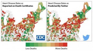 A graph map showing rates of heart disease and rates of negative tweets on Twitter