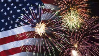Photo stock fireworks and american flag